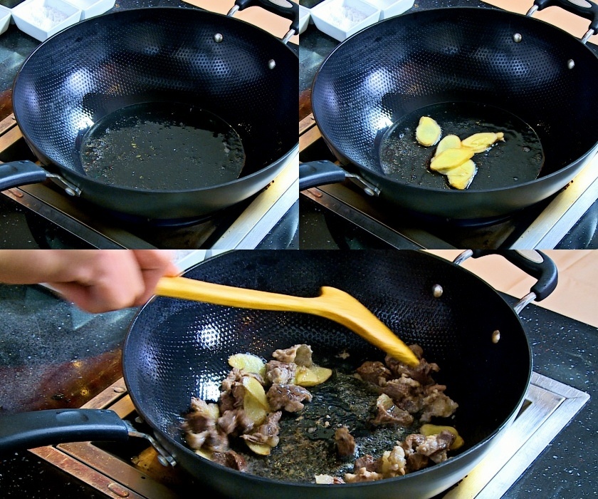 Stir-frying beef brisket with ginger slices until fragrant