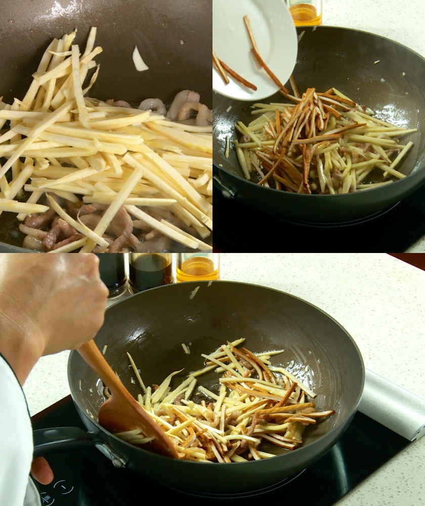 dried tofu in sequence to the changed color shredded pork belly