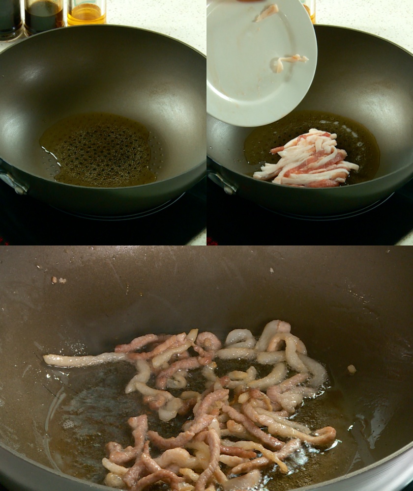 Stir-frying shredded pork belly