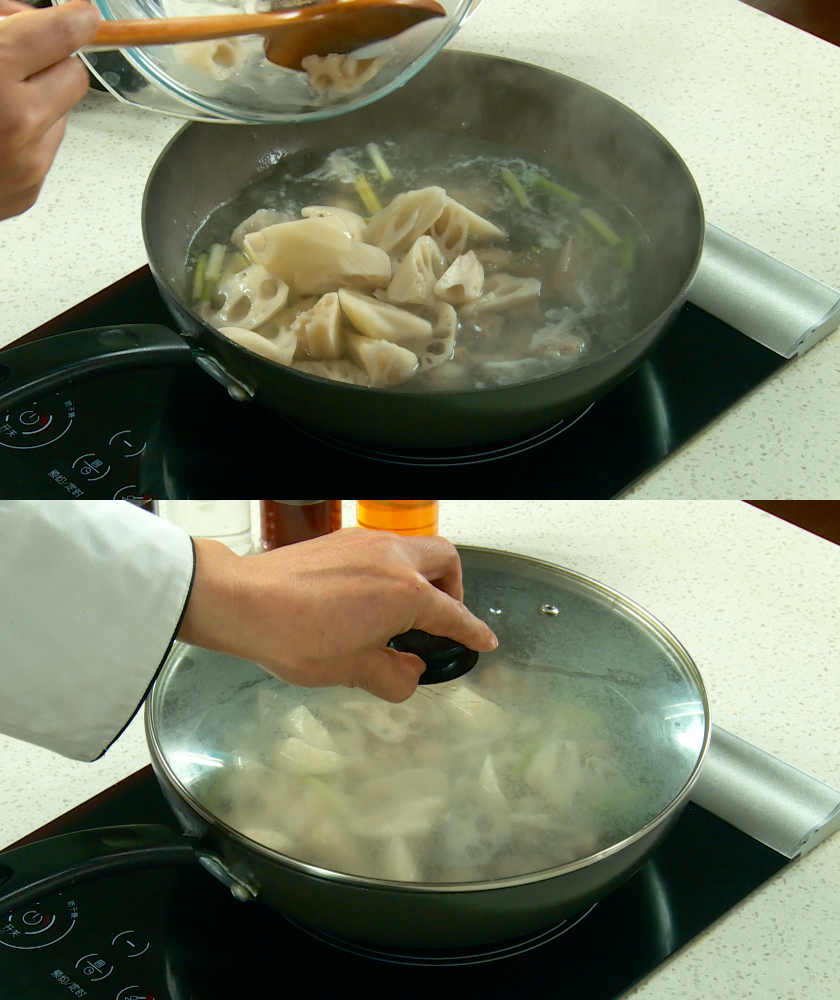 Add lotus root and stew