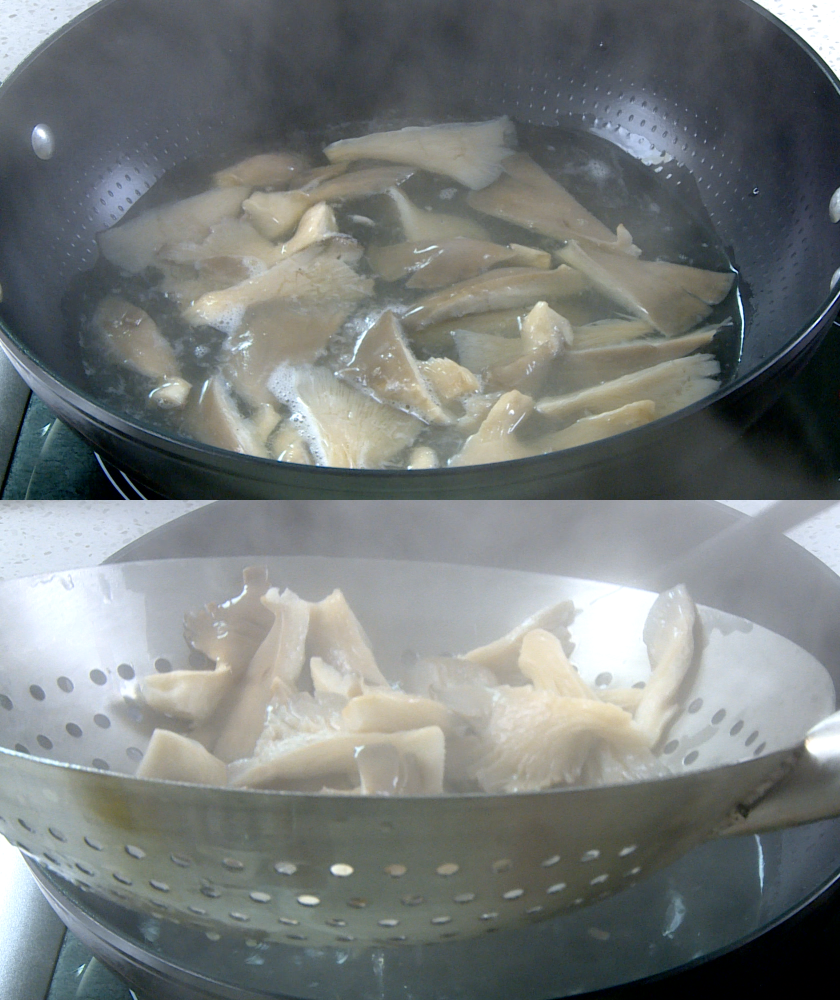 Blanching oyster mushrooms