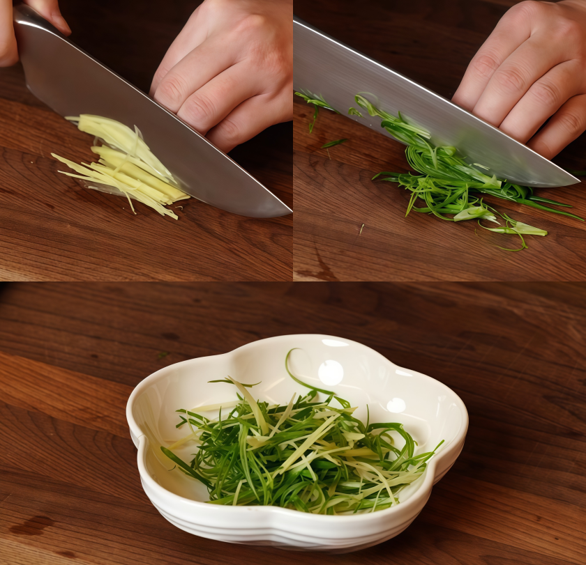 ​Julienne the ginger and green onions into thin strips