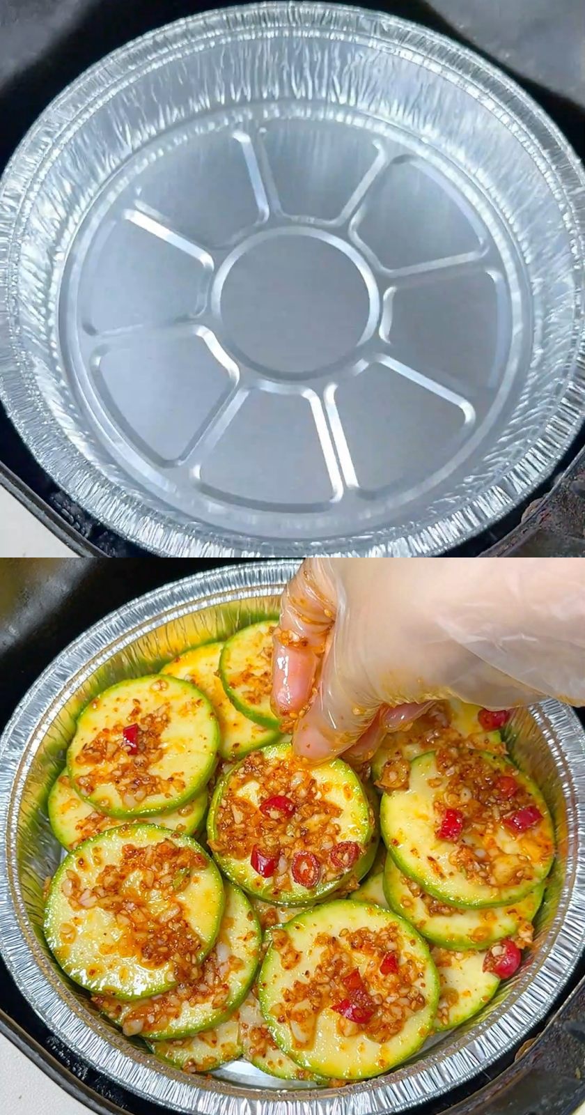 Put a tin foil box in the air fryer and put the zucchini in it