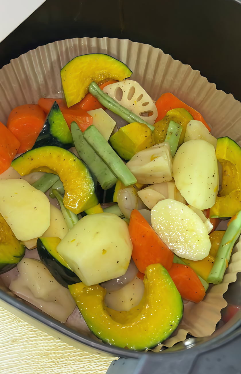 Bake veggies for 15 mins