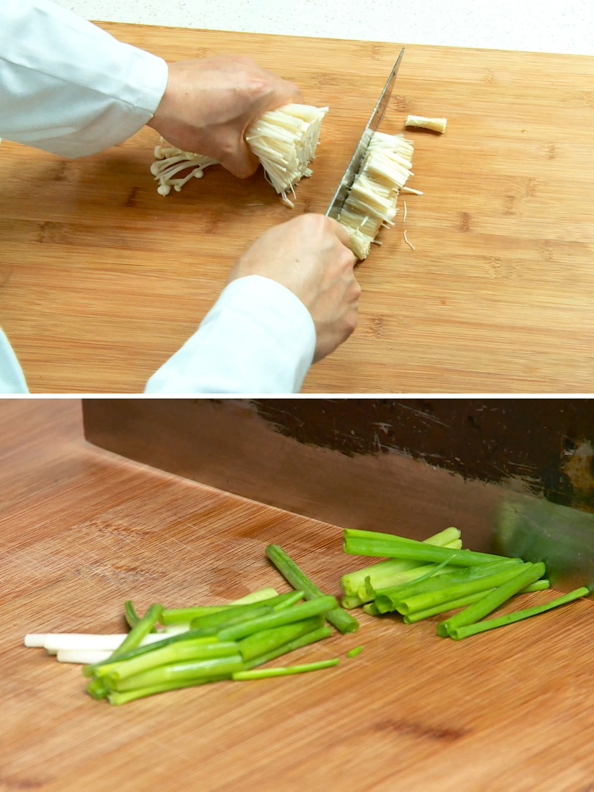 Cut off the roots of the enoki mushrooms and cut the green onions